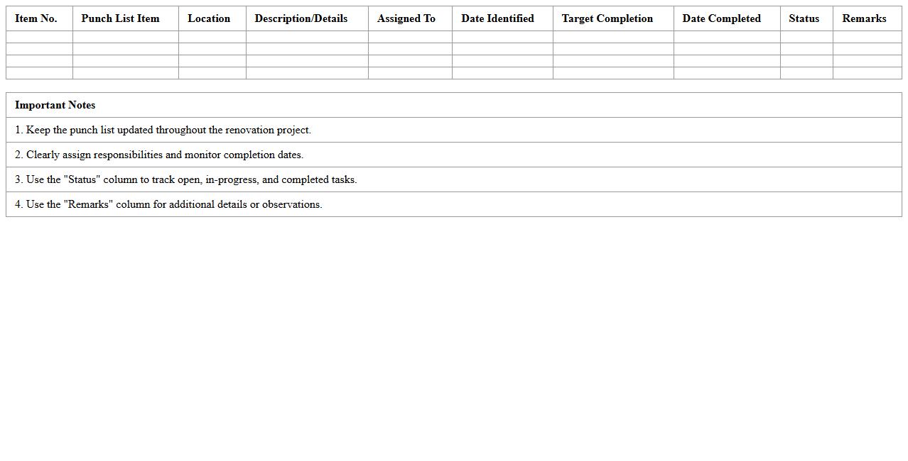 Renovation Project Punch List Tracking Sheet
