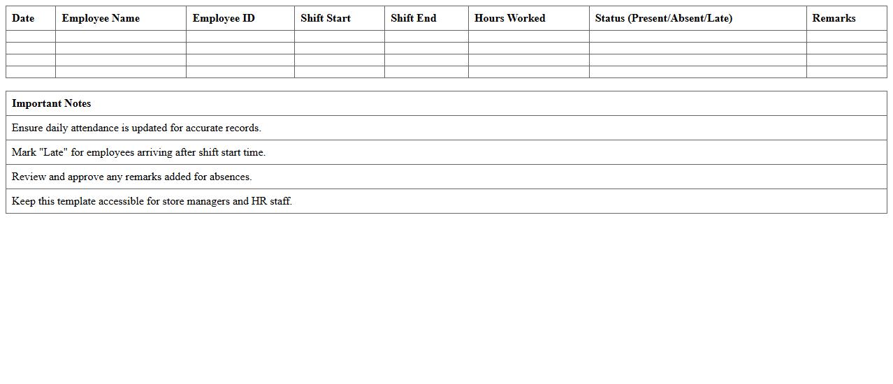 Retail Storefront Employee Attendance Excel Template