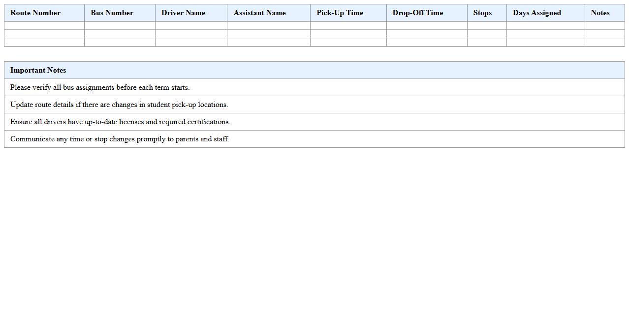 School Bus Route Assignment Schedule Excel