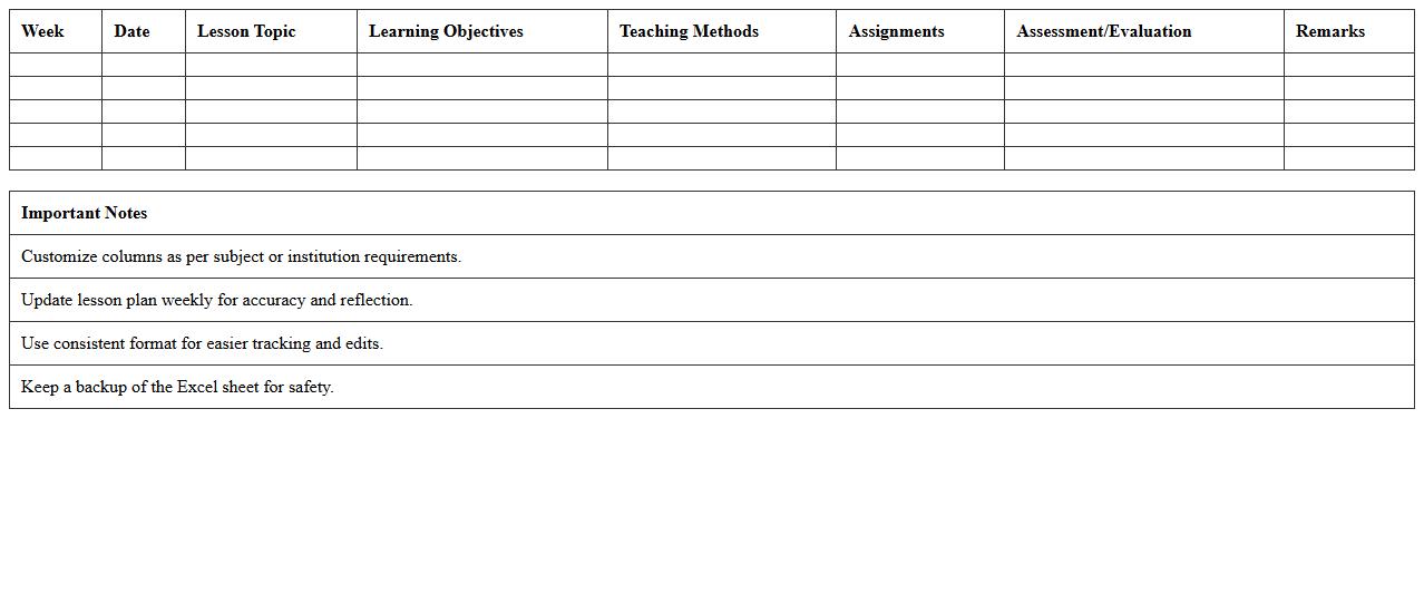 Semester Lesson Plan Schedule Excel Sheet