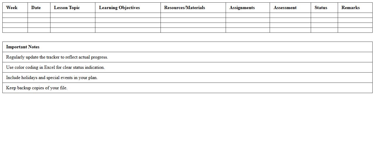Semester Lesson Plan Tracker Excel Sheet