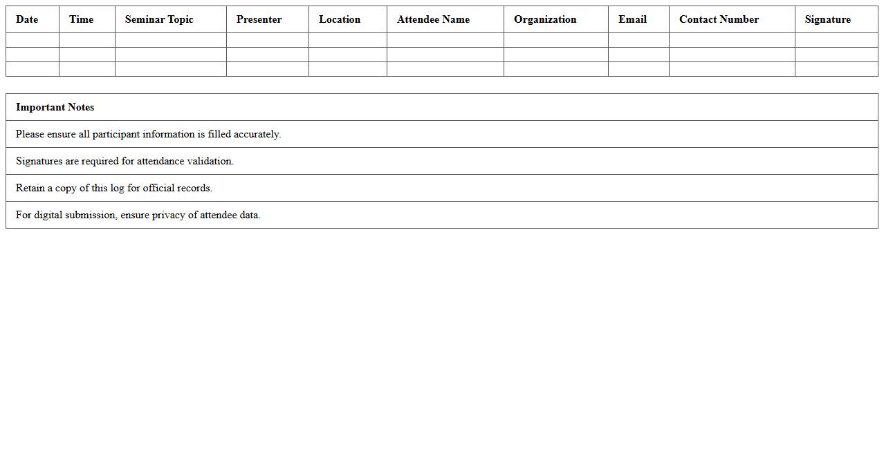 Seminar Agenda and Attendance Excel Log