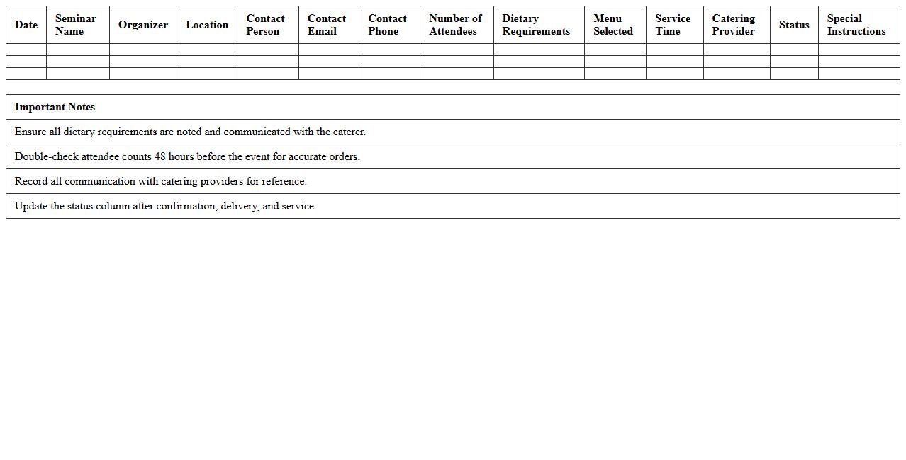 Seminar Catering Order Tracker Excel Template