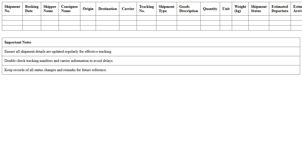 Shipment Booking and Tracking Log Template