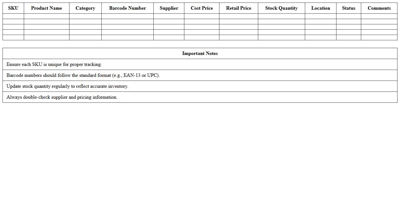 SKU Barcode Master List Spreadsheet