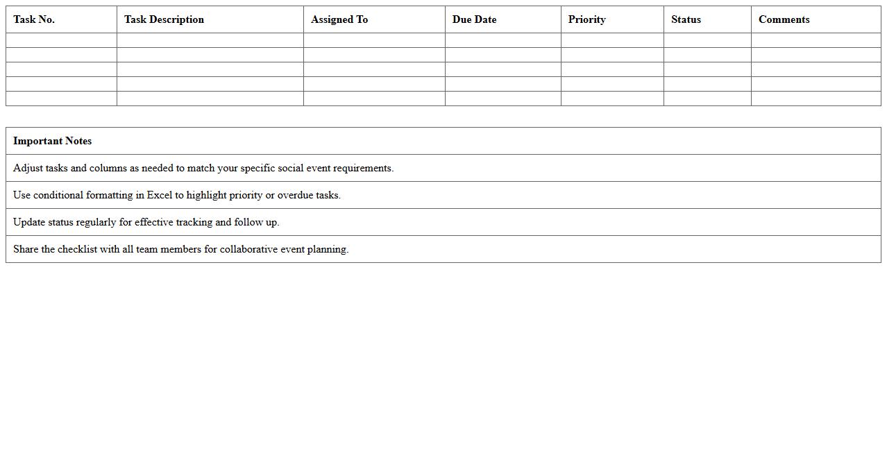 Social Event Task & Checklist Excel Template