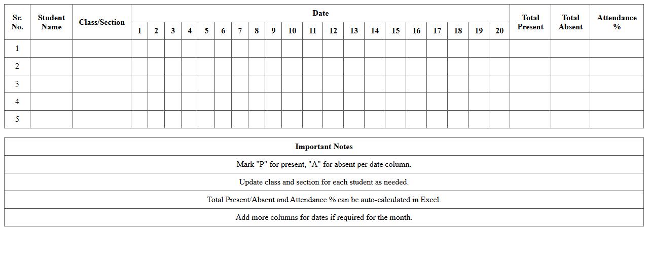 Student Attendance Register Spreadsheet