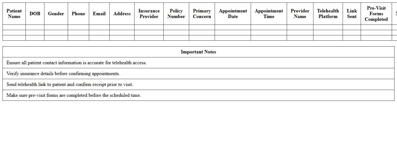 Telehealth Appointment Intake Excel Sheet