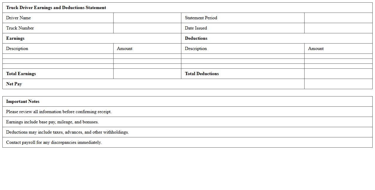 Truck Driver Earnings and Deductions Statement