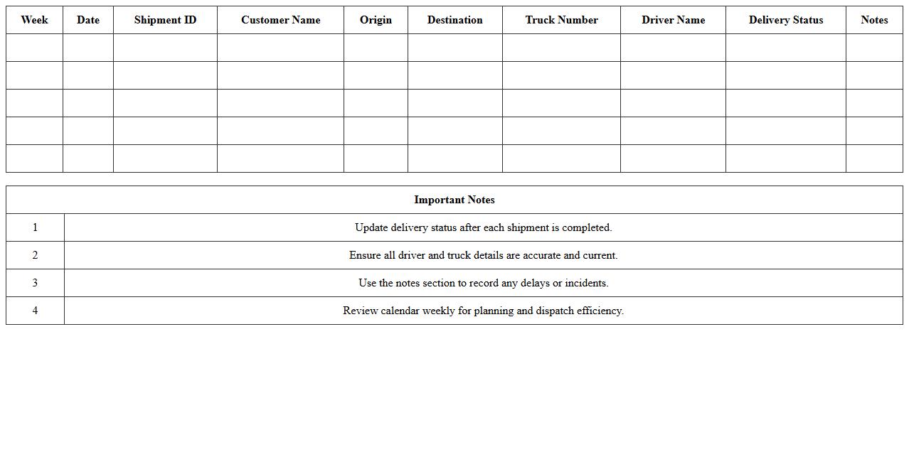 Trucking Company Delivery Calendar Excel