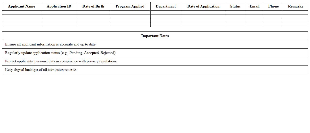 University Admission Records Excel Template