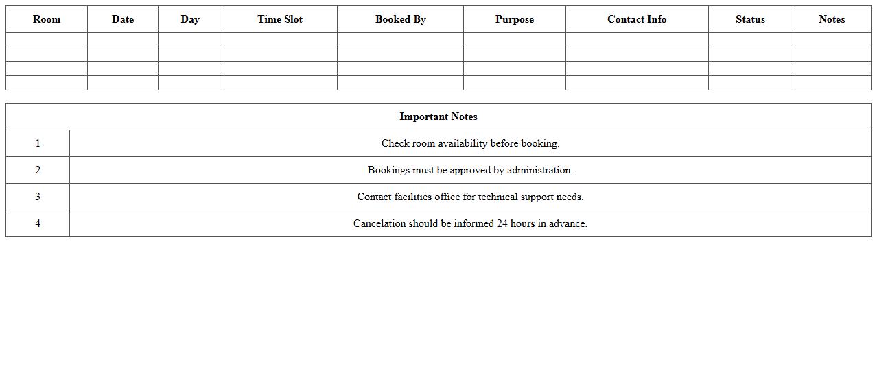 University Room Booking Schedule Excel