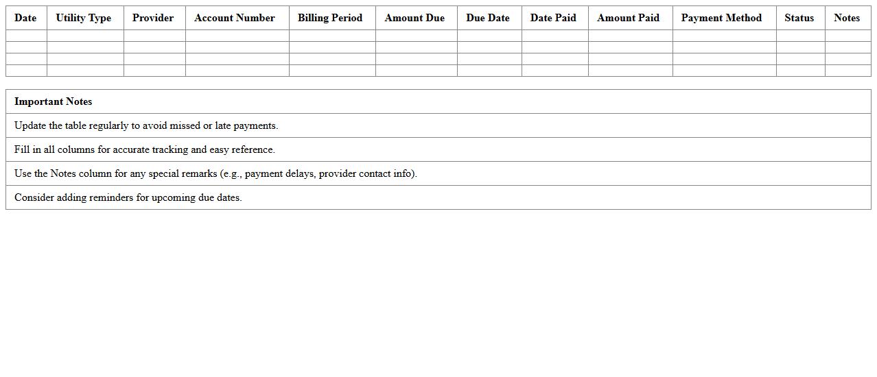 Utility Bill Payment Tracker Excel Template