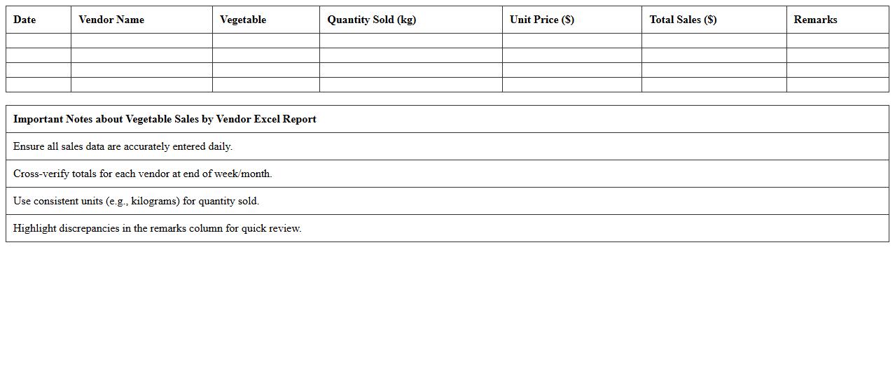 Vegetable Sales by Vendor Excel Report