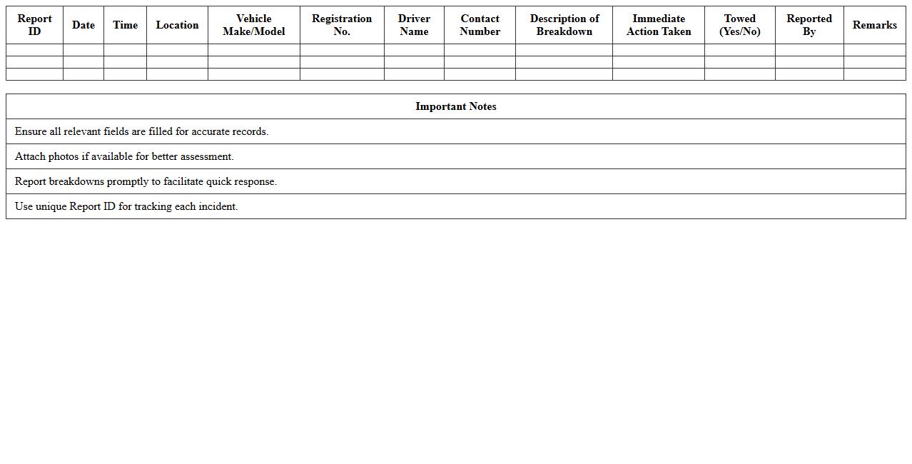 Vehicle Breakdown Incident Report Template