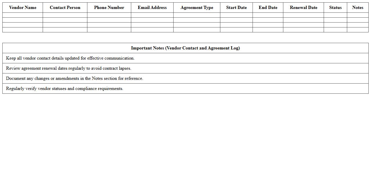 Vendor Contact and Agreement Log Excel