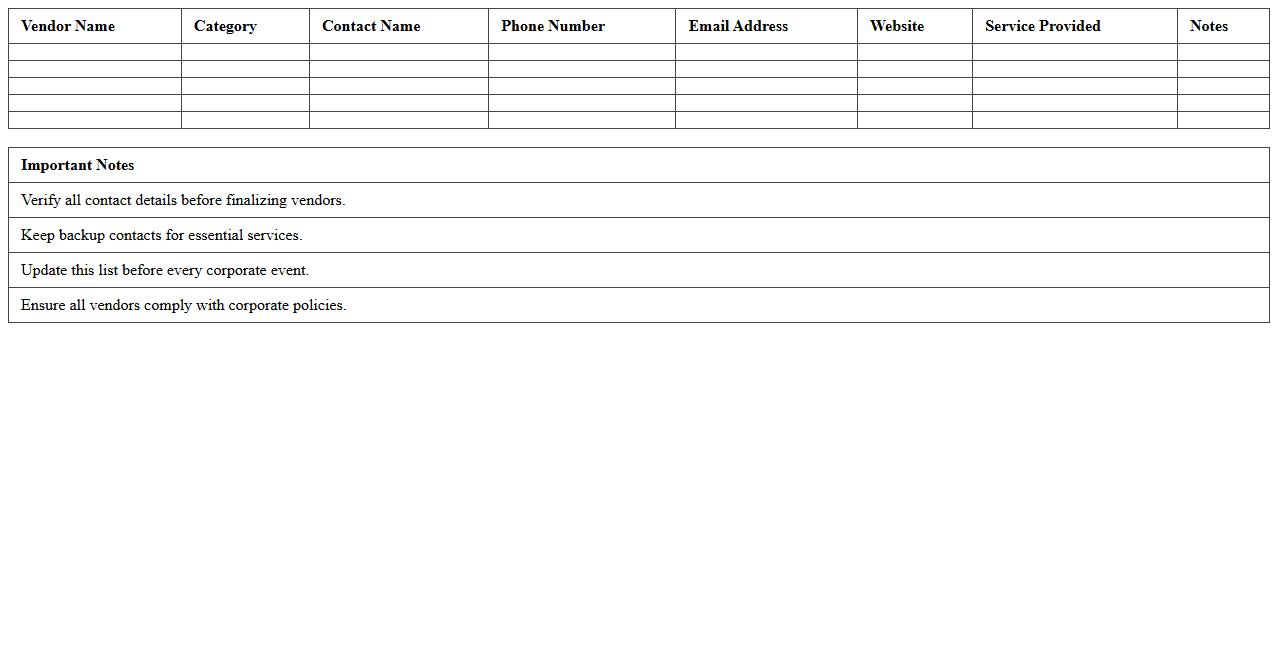 Vendor Contact List for Corporate Events Excel