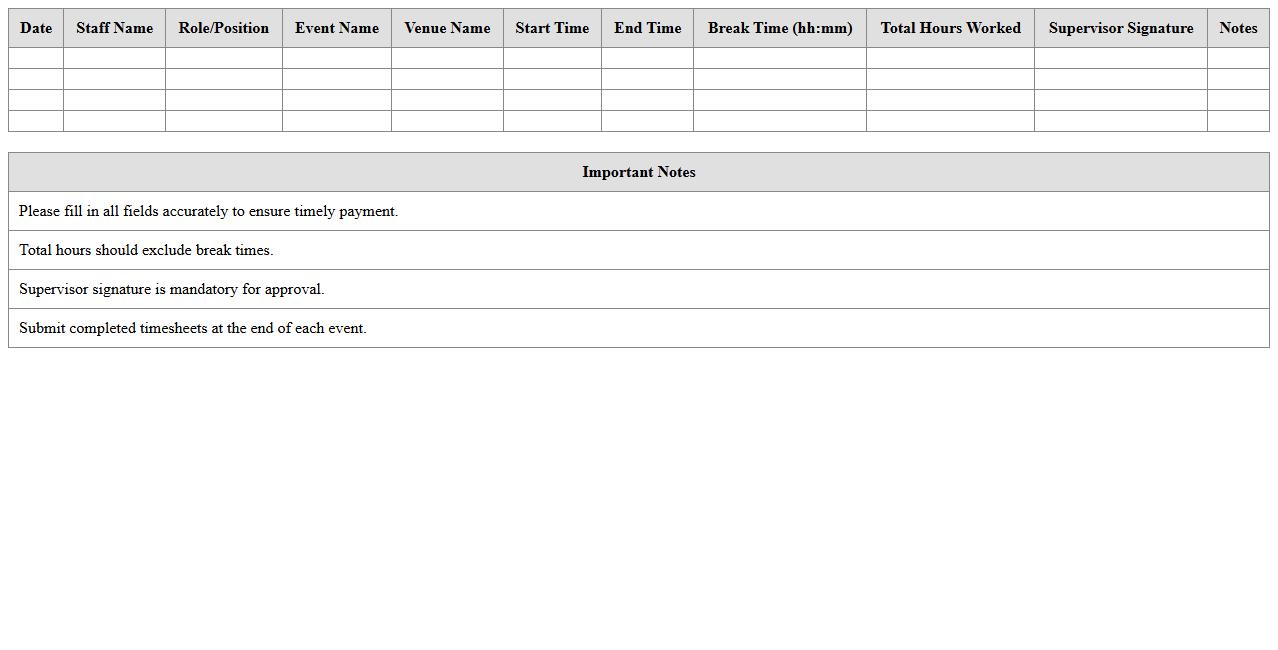 Venue Event Staffing Timesheet Excel Template