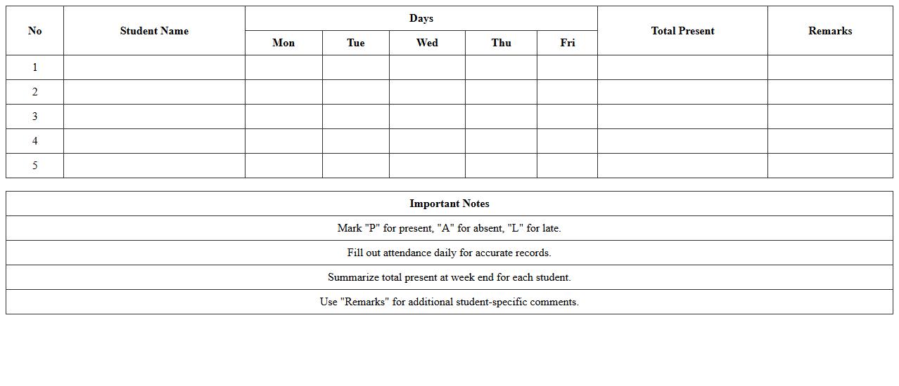 Weekly Classroom Attendance Sheet Excel