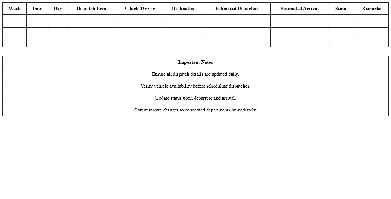 Weekly Logistics Dispatch Calendar Excel