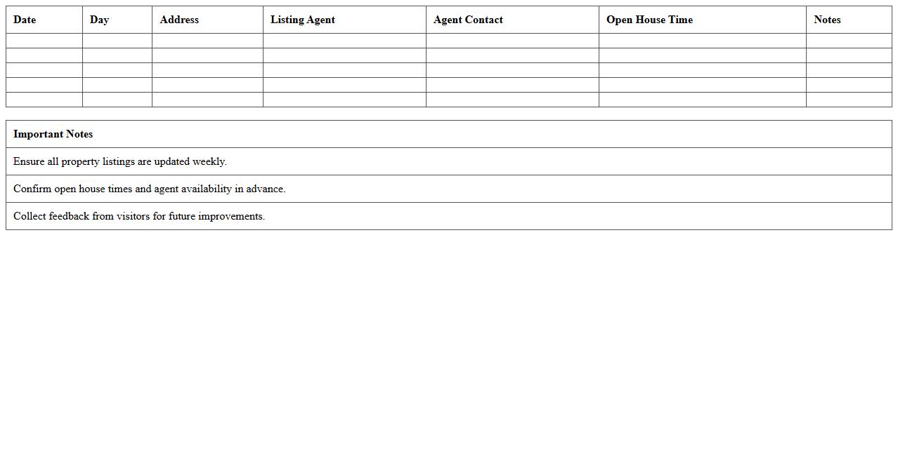 Weekly Real Estate Open House Organizer Template