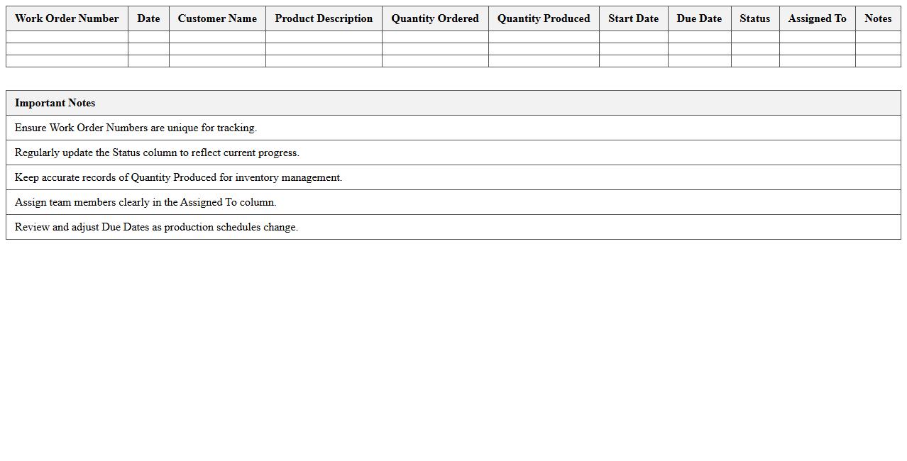 Work Order Tracking Excel Template for Manufacturing