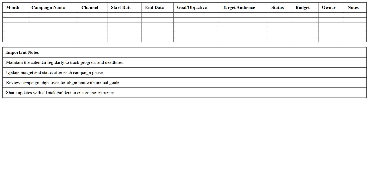 Annual Marketing Campaign Calendar Spreadsheet