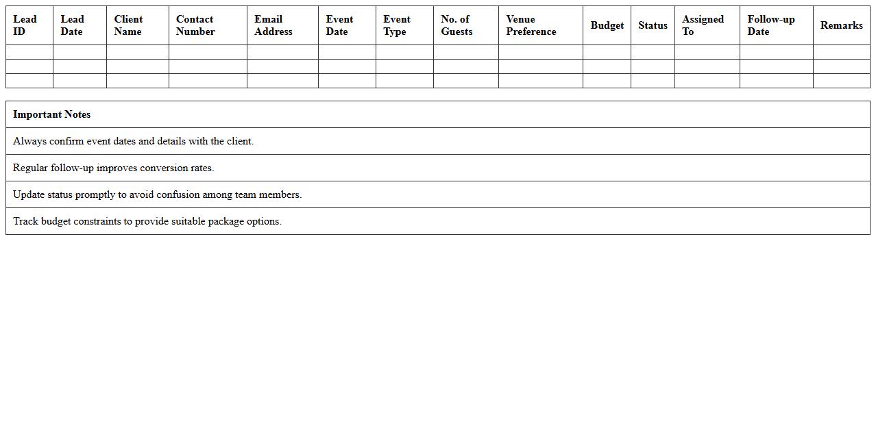 Banquet Booking Lead Management Excel