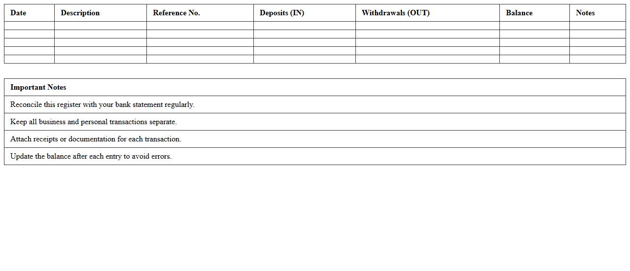 Business Bank Account Register for Startups Excel