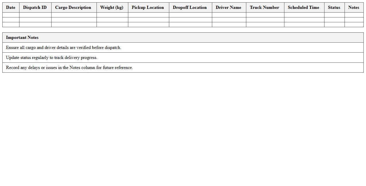Cargo Dispatch & Scheduling Excel Template