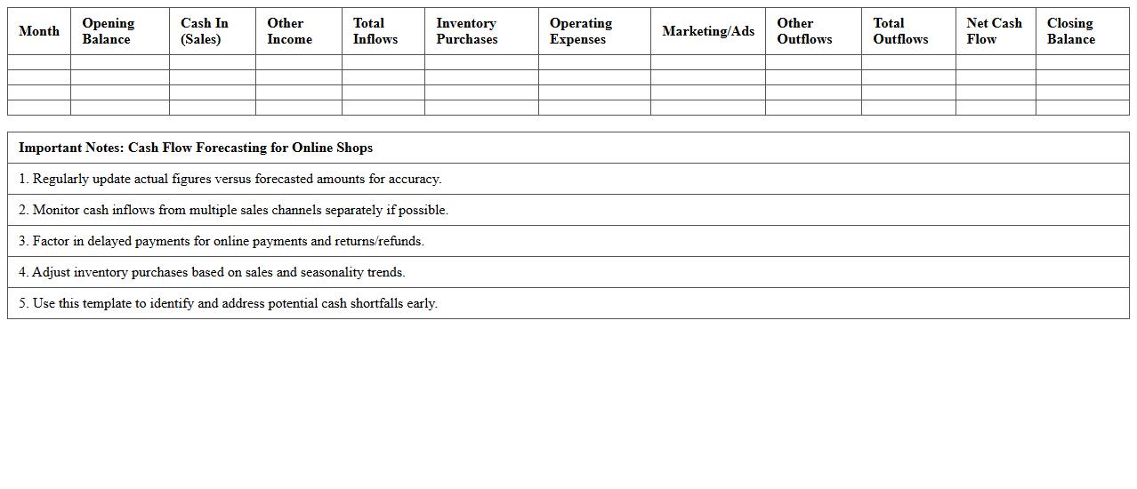 Cash Flow Forecasting Excel Template for Online Shops