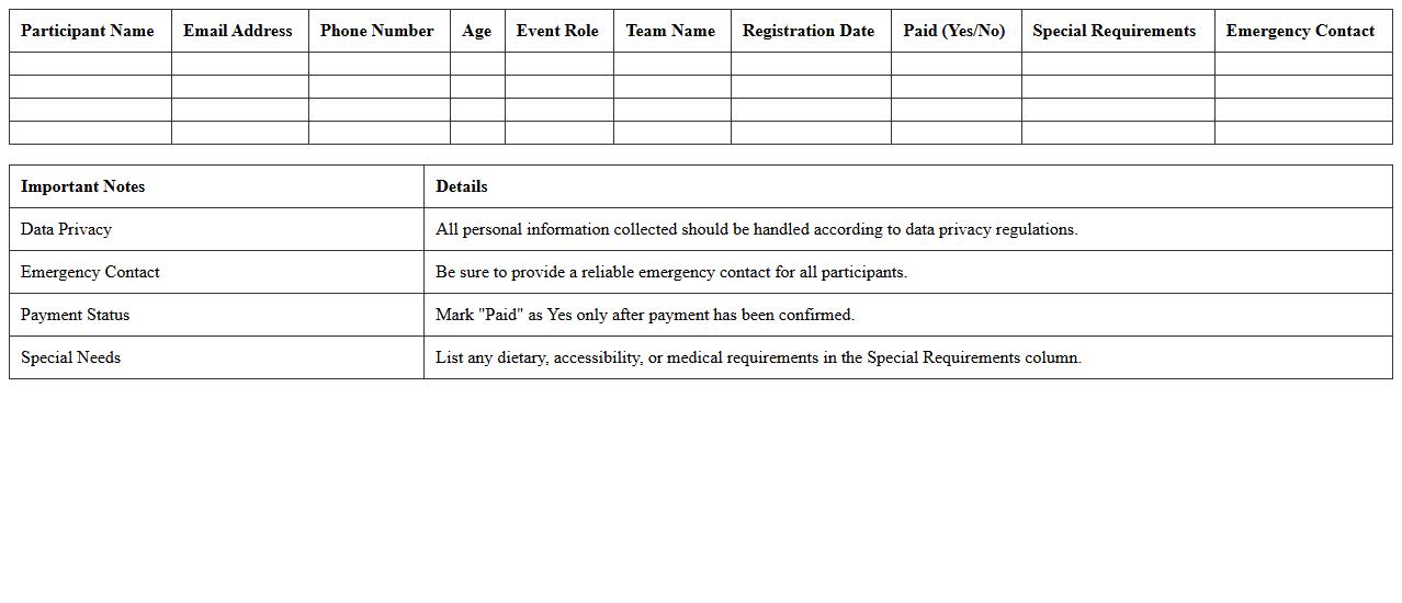 Charity Event Participant Sign-Up Excel Sheet