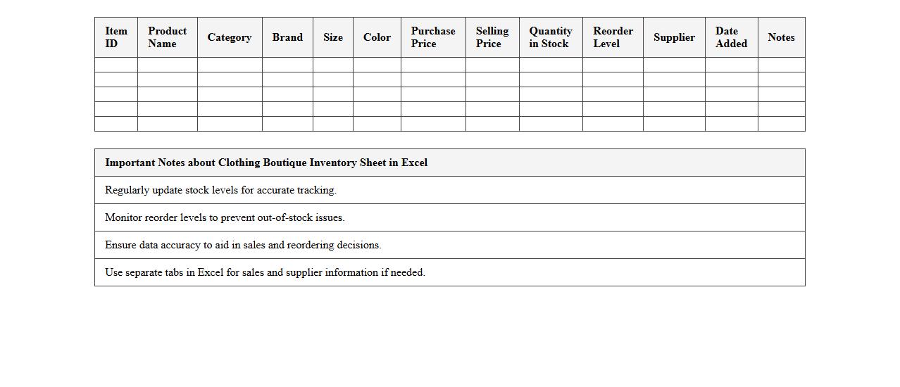 Clothing Boutique Inventory Sheet in Excel