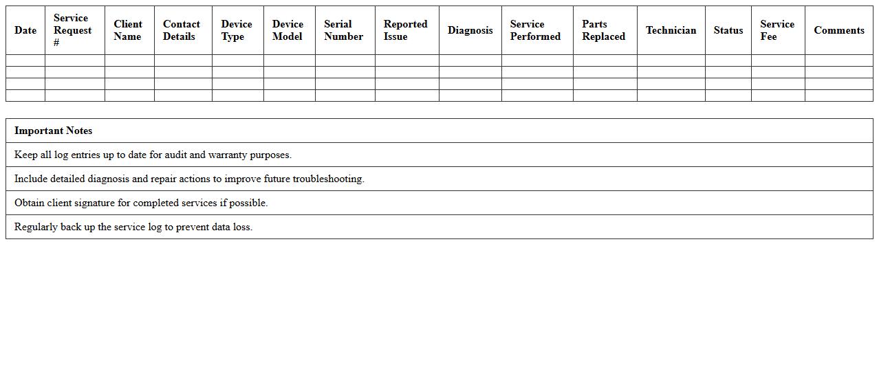 Computer System Repair & Service Log Excel Template