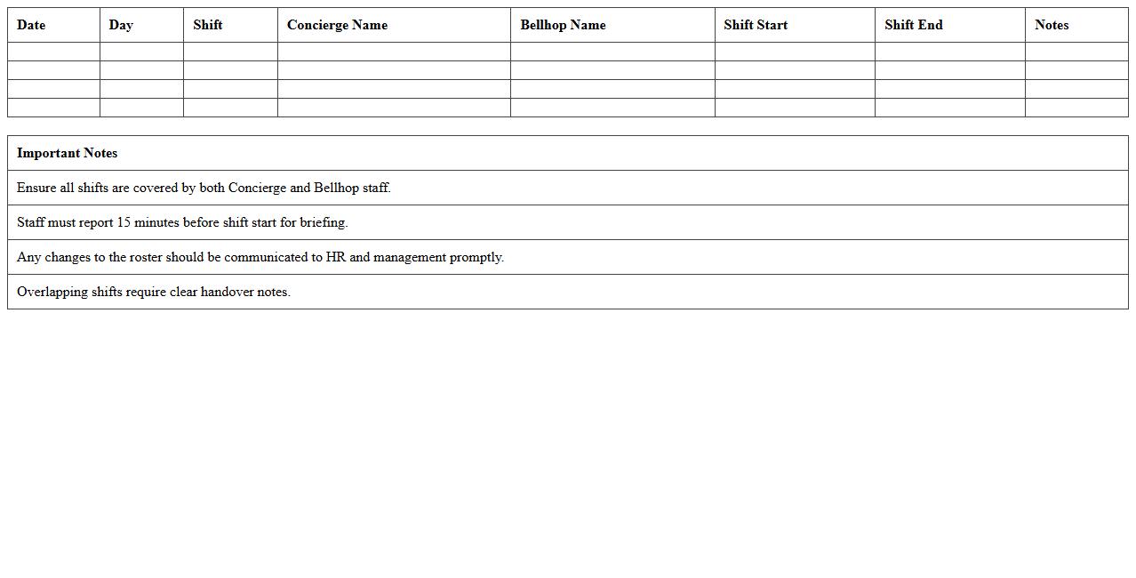 Concierge and Bellhop Staff Shift Roster Excel