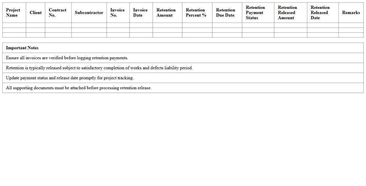 Construction Retention Payment Release Log