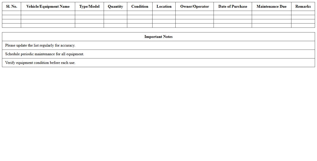 Construction Vehicle and Equipment Excel List