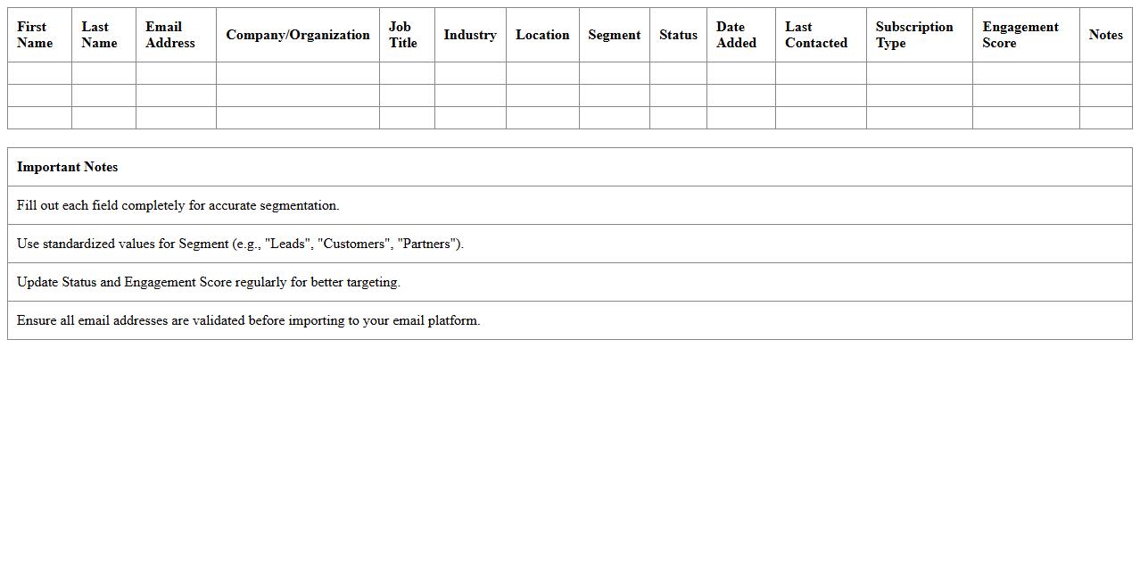 Contact Segmentation Email List Excel Template for Newsletters