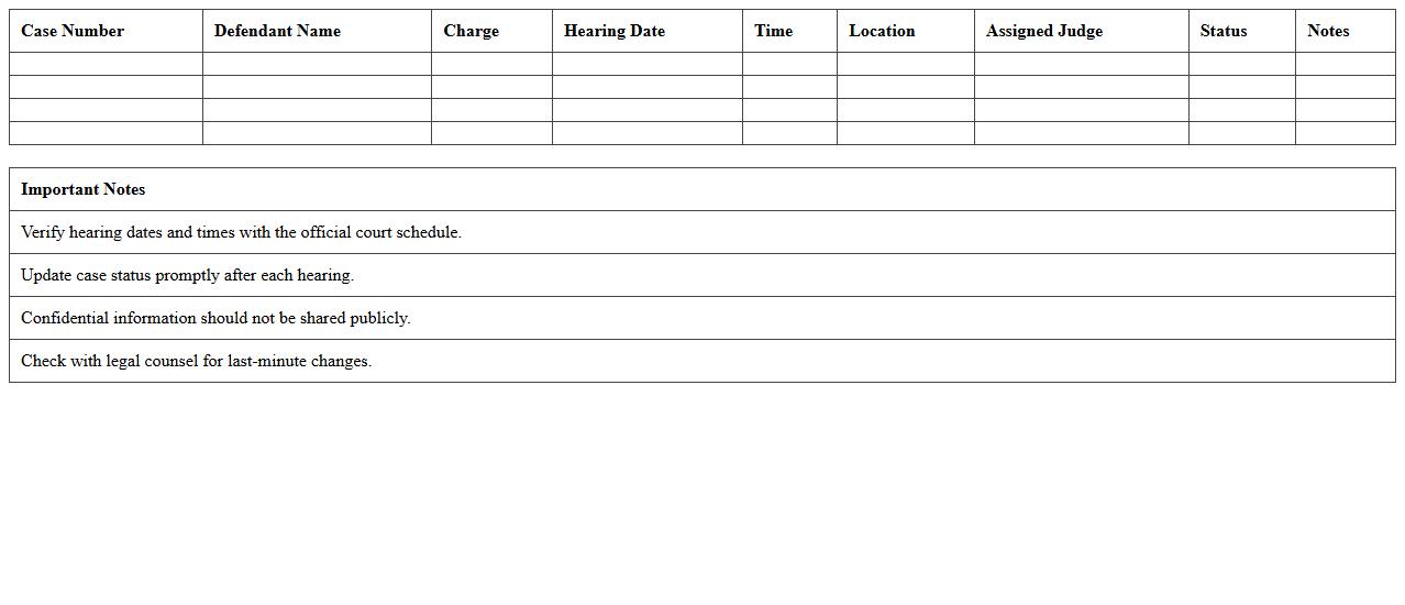 Criminal Court Hearing Schedule Excel Template