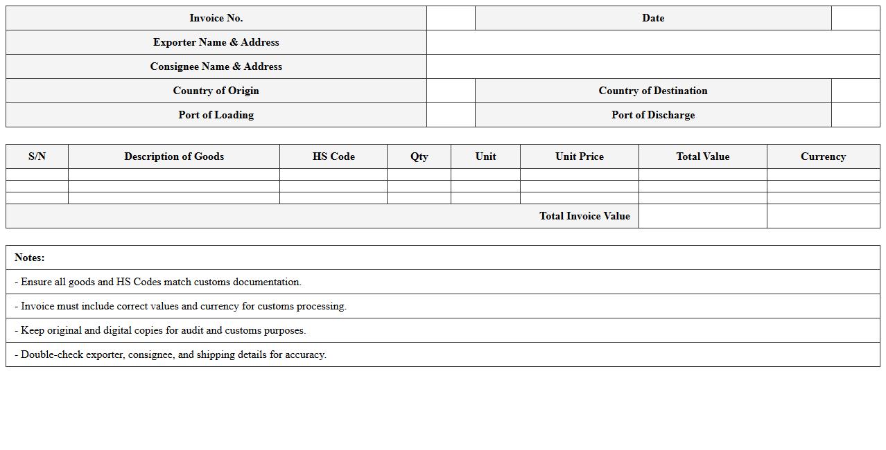 Customs Clearance Invoice Excel Document