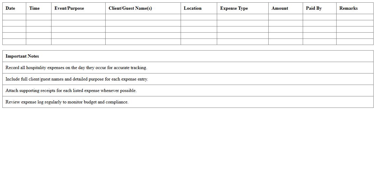 Daily Hospitality Expense Log Excel Template