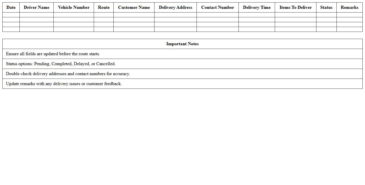 Daily Retail Delivery Route Planner Excel Template