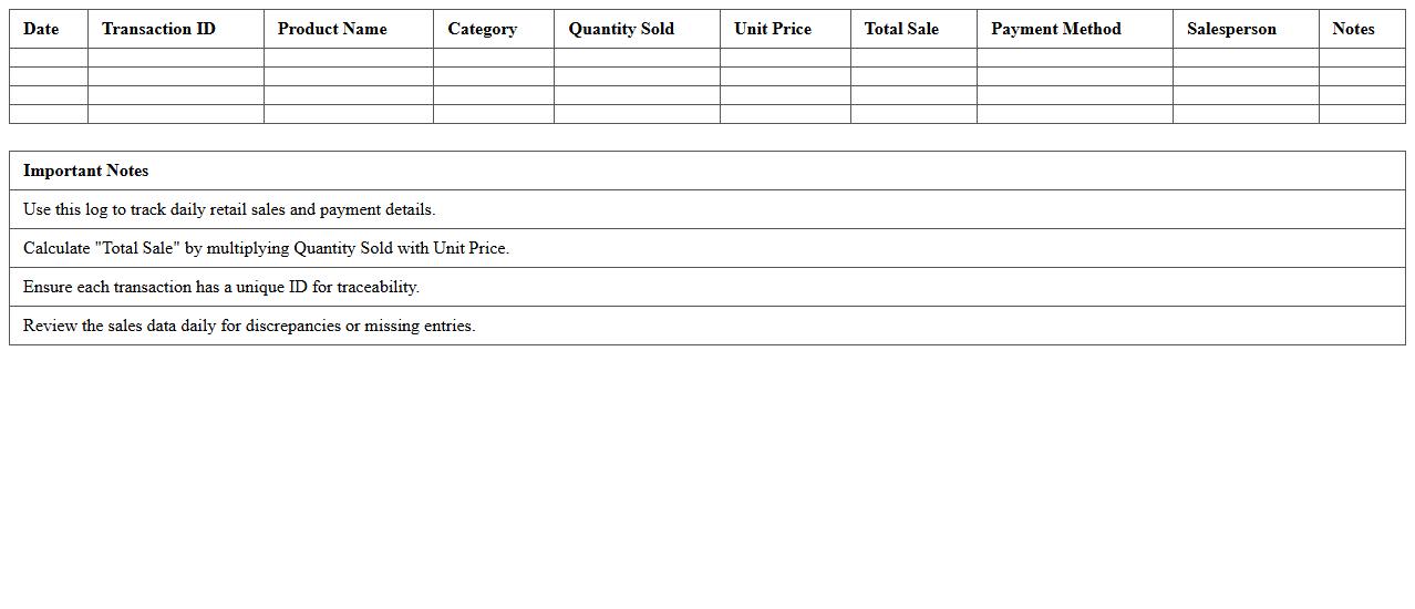 Daily Retail Sales Log Excel Template