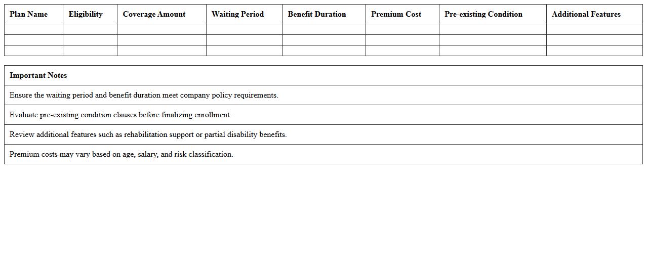 Disability Insurance Plan Comparison Table for HR