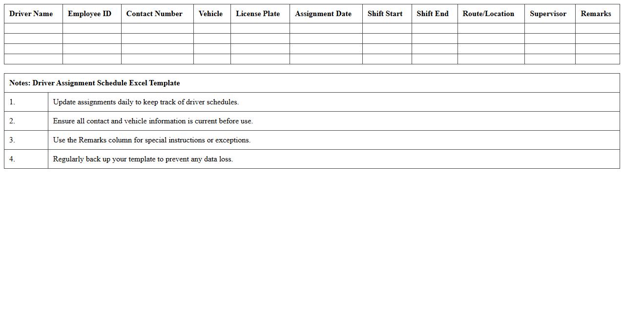 Driver Assignment Schedule Excel Template