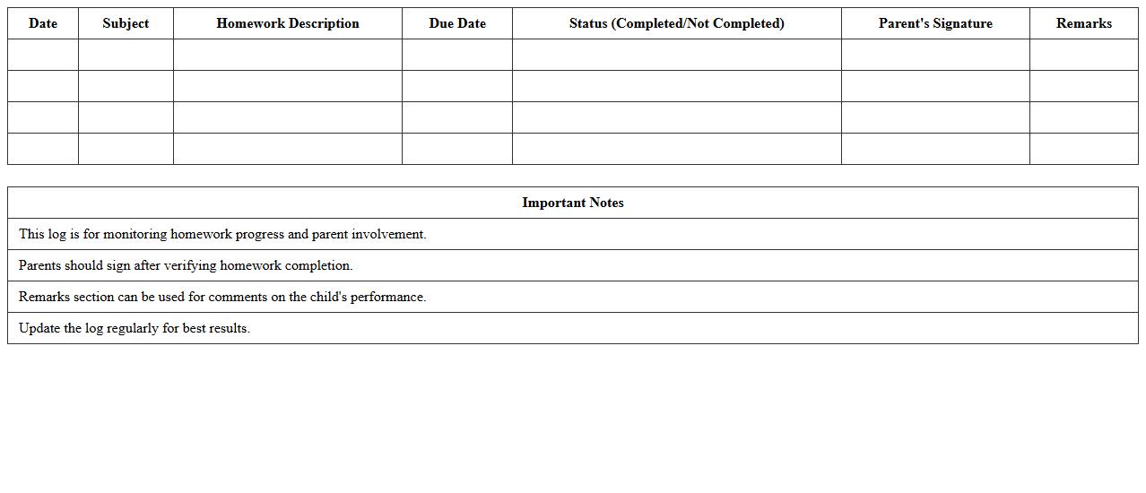 Editable Homework Monitoring Log for Parents