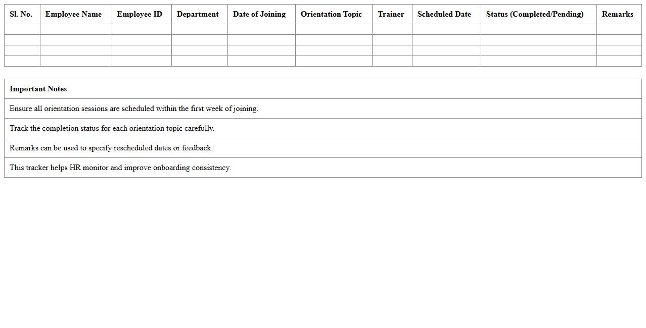 Employee Orientation Schedule Tracker Excel Sheet