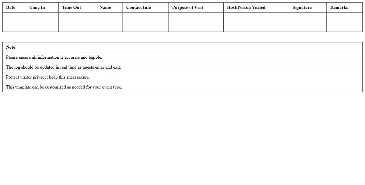 Event Entry Log Excel Template
