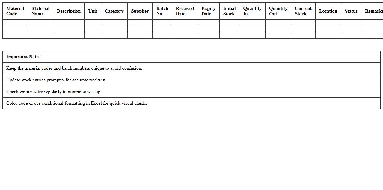 Excel Sheet for Raw Materials Warehouse Management