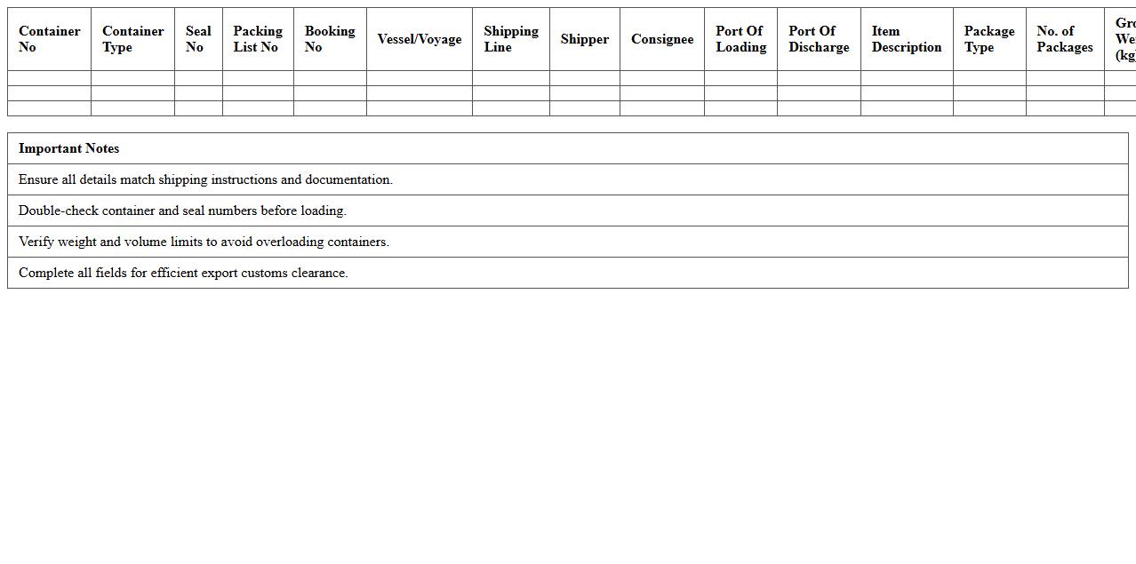 Export Container Load Planning Excel Template